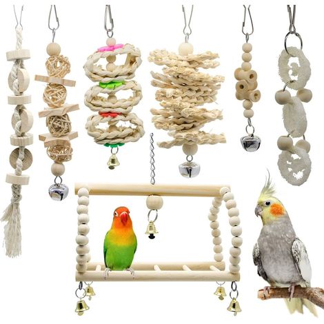 Jouet Pour Oiseaux - Balançoire Et Clochette Suspendue En Bois - Pour Perroquets Et Perruches - Lot De 7 Pièces