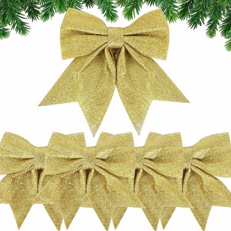 5PCS Noeud de Ruban de Noël 24cm Grande Taille Arcs de Noël Ruban Nœuds Papillons Ornements Decoration de Noël pour Arbres de Noël Emballages Cadeaux Sapin de Noël Guirlande Voiture Maria(Doré) (1/5)