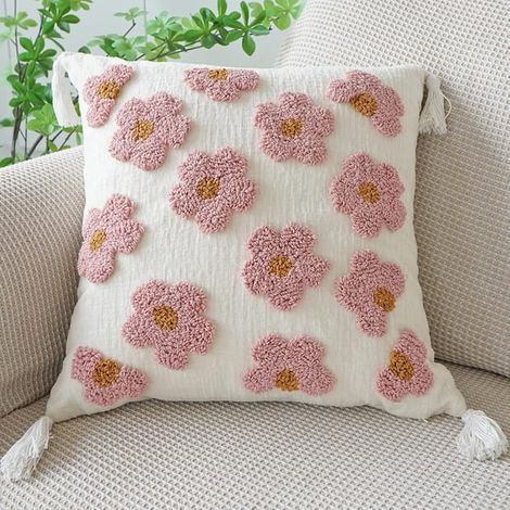 Bestickte Kissenbezüge mit Blumenmuster und Chenille-Quasten (rosa, 45 x 45 cm) (1/5)