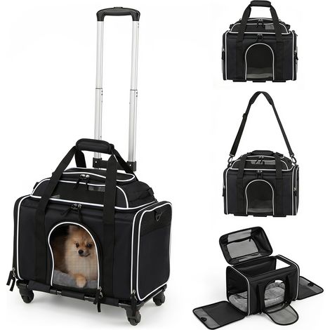 Sac à Roulettes pour Chat Chien, Bandoulière Sac à Dos de Transport pour Chiens, avec Tige Télescopique Réglable, Transporteur Roulant Amovibles, Noir (1/5)
