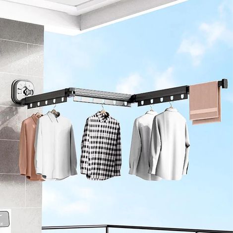 Étendoir à linge pliable pour balcon, fixation murale, sans perçage, ventouse, barre de séchage pour couettes, trois volets anti-poussière (1/5)
