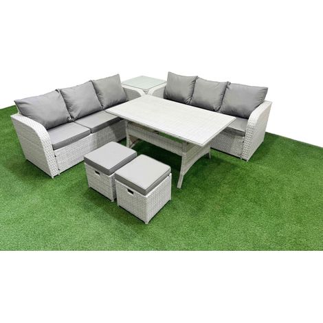 Fimous Outdoor Garden Furniture Sets 8 Seater Wicker Rattan Furniture Sofa Sets with Rectangular Dining Table high Back Lounge Sofa Stools Side Table Light Grey (1/4)