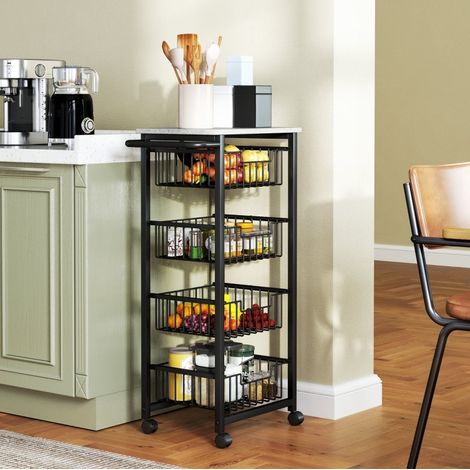 Carro de cocina con ruedas y 4 cestas de acero, tablero MDF, gris claro HAVRYA (1/5)