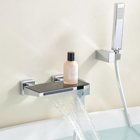Robinet de Baignoire Cascade, RTF0583 Moderne Design en Touches de Piano, Mitigeur Baignoire Mural, Angle réglable, 59A Laiton Mitigeur Douche, avec Douchette en Cuivre, Durable (1/5)