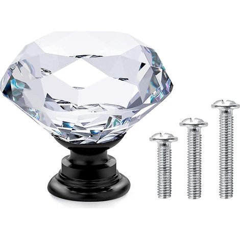20 x Poignée Bouton de Porte Placard Meuble Tiroir - Diamant de Verre Cristal Transparent + Base en Noir - 30mm - avec Vis de 3 Longueurs