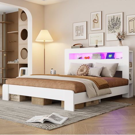 DESVIAE Lit plateforme en bois avec rangement tête de lit LED prises intégrées blanc 180 x 200 cm (1/5)