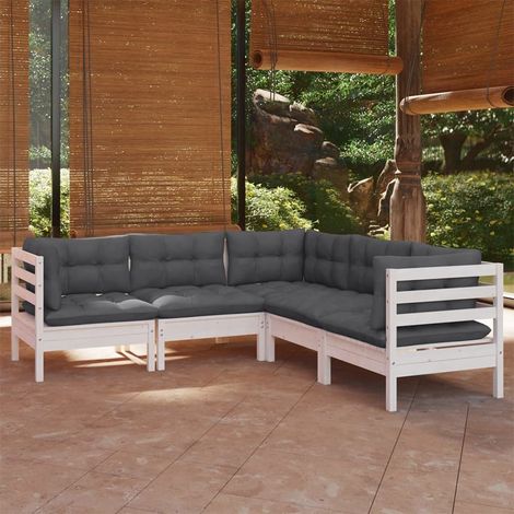 Salon de jardin 5 pcs avec coussins blanc bois de pin solide (1/3)