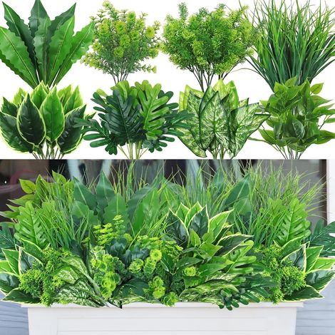 Lot de 18 Plante Artificielle Exterieur Arbustes Verts Artificiels Plante Herbes Artificielles Extérieur Décorative Plante pour Porche Terrasse Jardin Fenêtre (1/5)