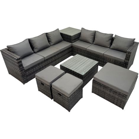 Fimous 9 Seater Garden Outdoor Rattan Furniture Set Patio Corner Sofa Coffee Table with 3 Stools Dark Grey (1/5)