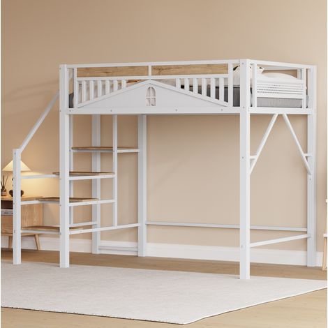 Cama alta de metal 140x200 cm blanca con escalera de seguridad y espacio de almacenaje (1/5)