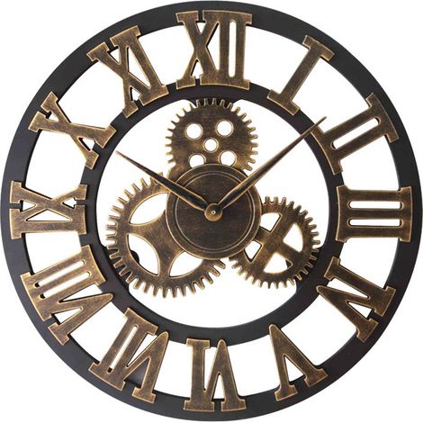 Lntyq 3D Horloge Murale Grand Classique Vintage en MétalSilencieux Rétro Vitesse Pendaison Horloge Chiffre Romain Horologes Style Européen Steampunk Décor Industriel pour Salon, Bar,d'or,30 cm (1/4)