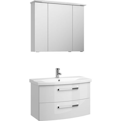 Badezimmer Waschplatz FES-4010-66 mit WB-Unterschrank & Keramik Waschbecken in weiß glänzend - B/H/T: 84/175/46cm (1/5)