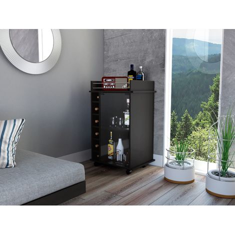 Tuhome Concept – Chariot de bar noir avec roues – Dimensions 89cm H x 55cm L x 41.5cm P – Porte en verre et étagères pour rangement – Meuble bar moderne