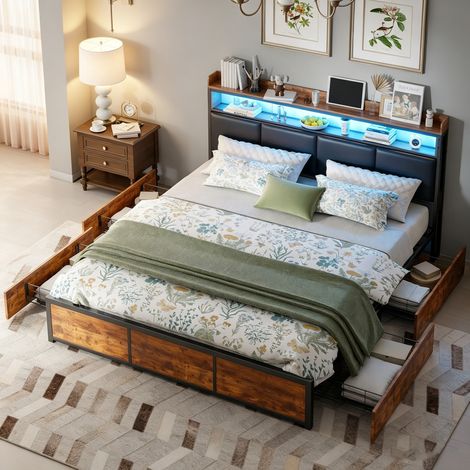 JOOKGBD-Letto contenitore 180x200 cm, letto matrimoniale, letto con LED, 4 cassetti contenitori, testiera in PU, struttura in metallo robusto, nero, senza materasso (1/5)