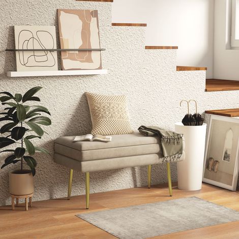 Banc banquette coffre de rangement 2 en 1 assise aspect velours et pieds acier - 79.5L x 37.5P x 43H cm beige et doré