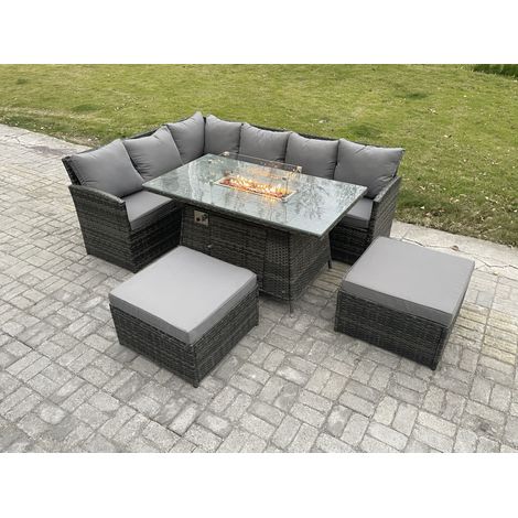 Fimous 8 Seater Rattan Garden Furniture High Back Corner Sofa Gas Fire Pit Dining Table Sets Gas Heater with 2 Big Footstool Dark Grey Mixed