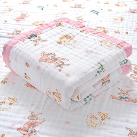 Baby Blanket 110 x 110 cm 100% Cotton 6 Ply Pink Rabbit (1/5)