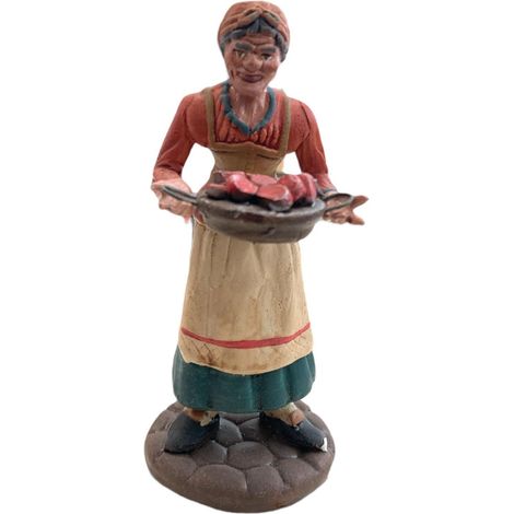 Donna con vassoio di carne statuetta in terracotta artigianale per presepe napoletano da h 13 cm