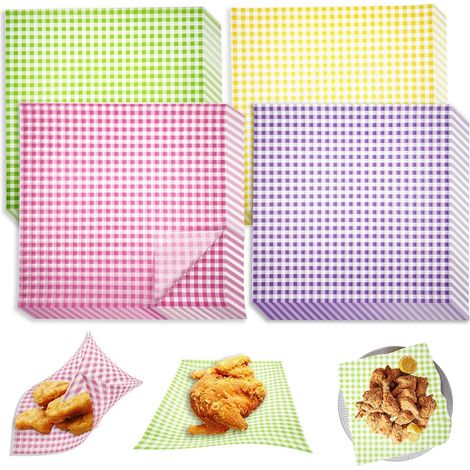 200 feuilles de papier sulfurisé (30 x 30 cm) - Papier ciré antiadhésif - Idéal pour emballer pain, sandwichs, hamburgers - Pique-nique, fête, barbecue - Violet, jaune, vert, rose (1/5)