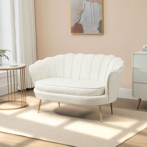 HOMCOM Canapé 2 places en tissu velours, petit canapé, en forme de coquillage, avec coussin épais de 10 cm, canapé, structure en métal, pieds dorés effilés, facile à assembler, crème