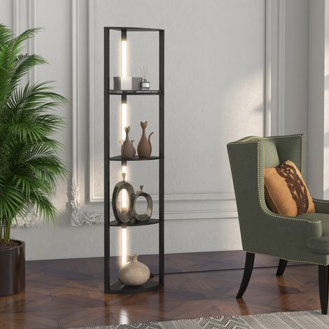 Stehlampe fürs Wohnzimmer, Stehlampe mit 4 Eckablagen, dimmbare LED-Leuchtmittel, 41 x 29,5 x 163,5 cm, schwarz