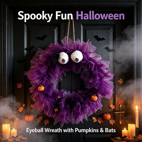 Halloween Türkranz aus Tüll mit Monsteraugen Violett 32x32 cm ohne LED für Fenster (1/5)