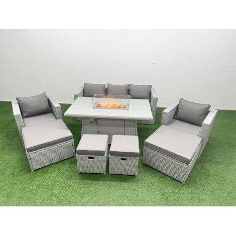 Fimous 9 Seat PE Rattan Lounge Sofa Set Outdoor Garden Furniture Set with Firepit Dining Table 3 Seater Sofa 4 Footstools Light Grey (1/5)