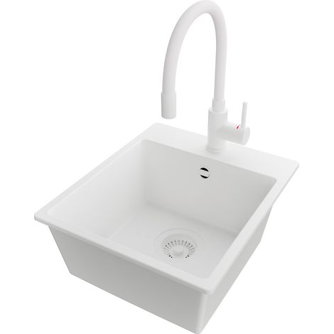 PRIMAGRAN Evier Cuisine en Granit 38x44cm,Lavabo 1 bac + Robinet 38x14cm + Kit de Vidage, Évier à Encastrer au meuble 40cm - Riga Easy, Tout Blanc (1/5)