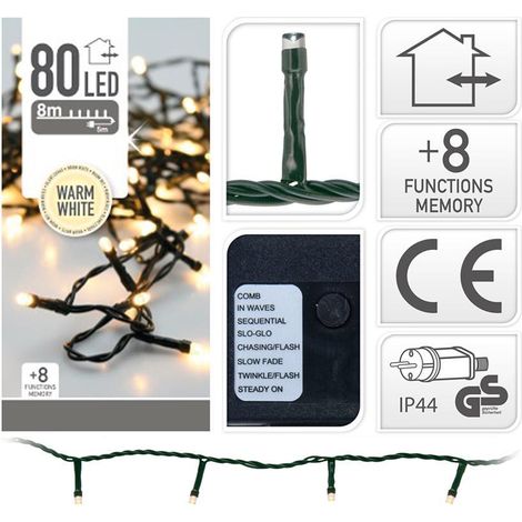 PROGARDEN guirnalda 80 led 8 metros 8 funciones , Guirnalda 80 LED 8 metros y 8 funcionesGuirnalda led exterior e interiorCable verde8 funciones de luzColor blanco
