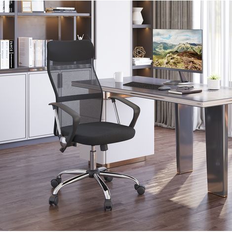 Silla de oficina de malla negra con reposacabezas, reposabrazos, funcion basculante y altura regulable, 63 x 65 x 109-119 cm (1/5)