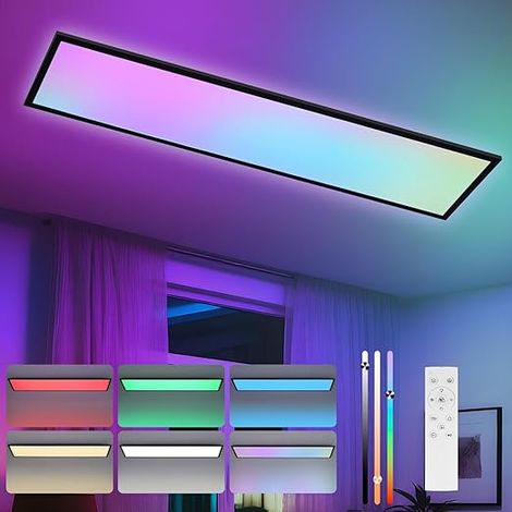 GBLY Panneau LED 120x30 Dimmable Panneau plafond long RGB Changement couleur Bureau Plat avec télécommande 39W Noir Grand Rectangulaire pour salle de jeu salon