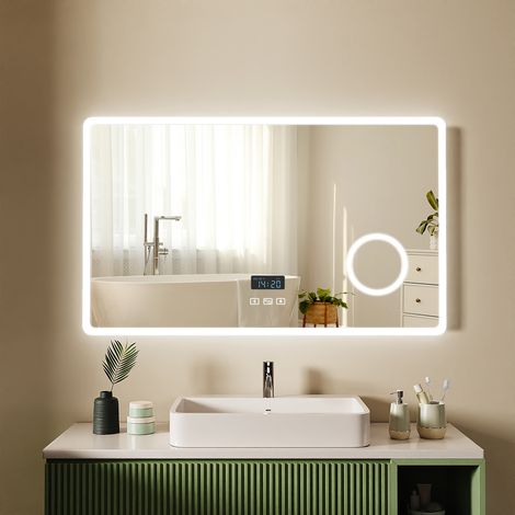 S'AFIELINA Miroir salle de bain LED Bluetooth Miroir lumineux à économie d'énergie 3x Grossissement 100 x 60 cm avec Interrupteur Tactile,Antibuée, 3000/4000/6500K