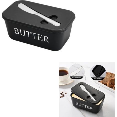 Eine Butterdose aus lebensmittelechtem PP-Material mit großem Fassungsvermögen und dichtem Verschluss. Auch geeignet zur Aufbewahrung von Butter, Käse, leichten Mahlzeiten, Salaten etc. Farbe: Schwarz (1/5)
