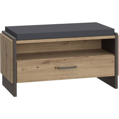 Home Heavenly® - Banco recibidor FRANK, estilo industrial, banco para zapatos + cajón almacenaje. 87,1x47,9x41,3 cm. Color: Roble Artisan-Antracita (1/5)