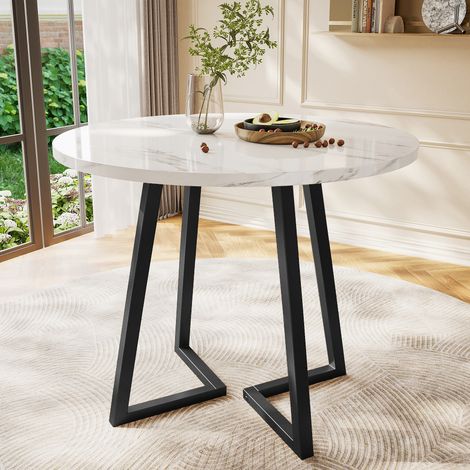 Tavolo da pranzo rotondo 80x75 cm bianco in MDF con piano effetto marmo e gambe regolabili (1/5)