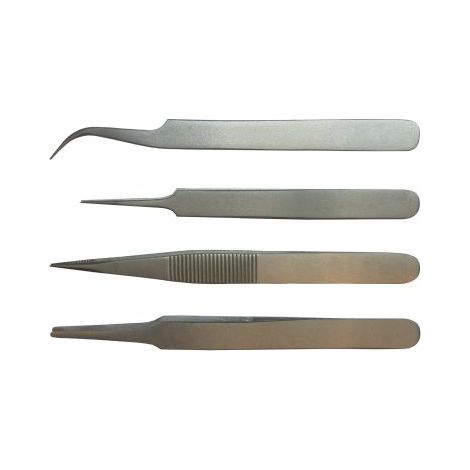 Kit de brucelles RS PRO KIT 4-1T pointe Incurvé, Fin Rond Pointu en acier austénitique à faible de teneur en carbone, ( Prix pour 1 )
