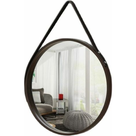 Miroir mural rond en cuir PU miroir décoratif suspendu avec sangle miroir de maquillage miroir de courtoisie pour salle de bain, salon, chambre (1/5)