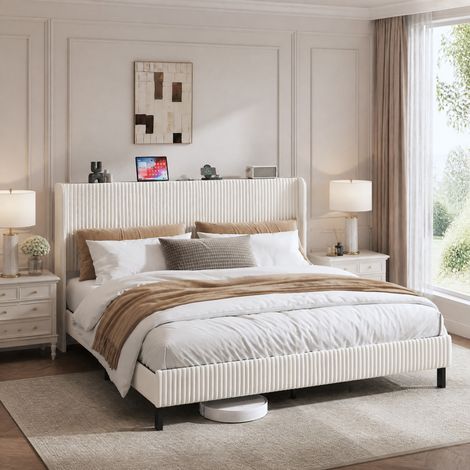 Lit 180x200 plateforme en velours côtelé beige HAVRYA (1/5)