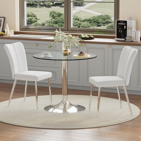 Esstisch- und Stuhl-Set Glas, PU-Leder Weiß/Silber 85x85x76 cm, rundes 3-teiliges Set MIVRAY