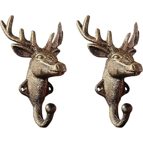 Double crochet rustique en fonte – Crochet mural en forme de tête de cerf vintage en métal pour décoration de la maison en forme d'animal pour manteaux, chapeaux, serviettes, salon, salle de (1/5)