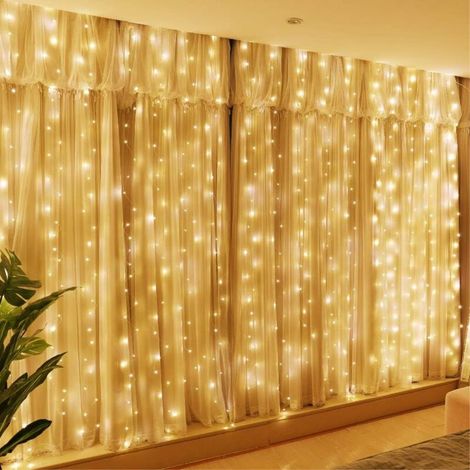 Rideaux lumineux 300 LED avec prise USB, 8 modes d'éclairage suspendus avec télécommande pour chambre à coucher, mariages, fêtes, décorations (9,8 x 9,8 pieds, blanc chaud)