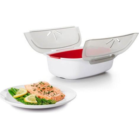 Esta vaporera apta para microondas está fabricada con material PP antiadherente, resistente al calor y libre de BPA, ideal para cocinar verduras. (1/4)