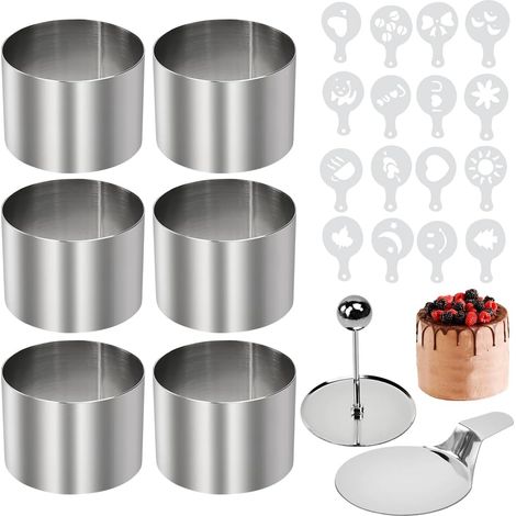 Set of 6 Round Cake Rings with Pusher for Baking and Baking Moulds with 16 Coffee Stencils (1/5)