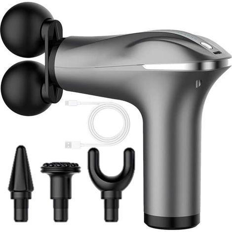 Pistolet de massage musculaire à double embout (gris), appareil de massage des tissus profonds, masseur silencieux intelligent à 6 vitesses, gris (1/5)