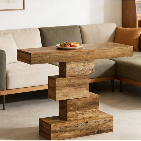 Mesa consola de madera marrón claro 108 x 30 x 80 cm, diseño geométrico escalonado (1/5)