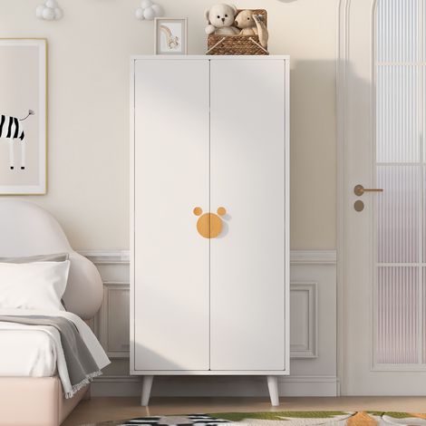 Kleiderschrank schlafzimmer 70x55x170 cm mit doppeltür und kleiderstange moderner kinderzimmerschrank aus holz mit cartoon-griffen - weiß (1/5)