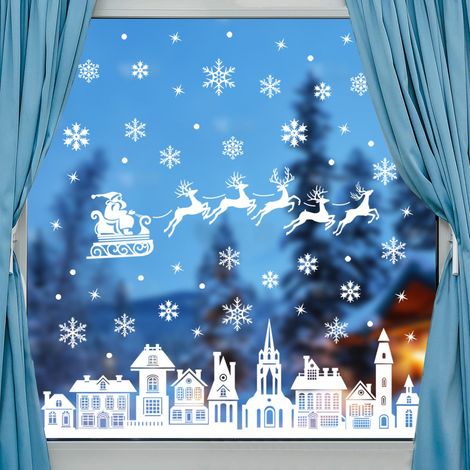 Stickers Noël Nuit Silhouette Blanche Autocollants Fenêtre Père Noël Flocons de Neige pour Boutique Maison Joyeux Noël Décoration Murale (1/5)