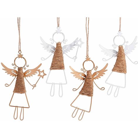 Angioletti natalizi realizzati in metallo e corda da appendere all'albero di Natale, set da 8 pezzi, cm 11 x 18 H