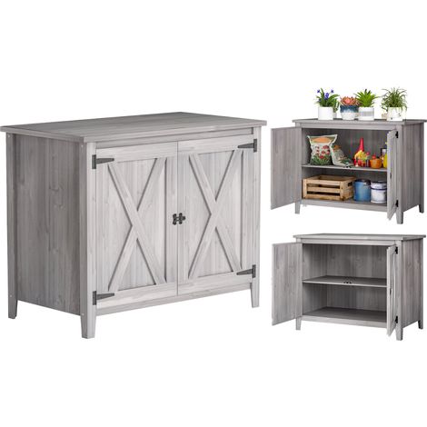 Outsunny Gartenschrank Holz, Geräteschuppen wetterfest 110x60x88,5cm, Gerätehaus mit Doppeltüren, Ablagen, Geräteschrank, Gartenhaus Werkzeugschrank Gartenschuppen für Terrasse Hinterhof, Hellgrau (1/5)