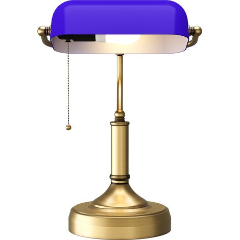 Banker's Desk Lamp Antique Bronze Tone Base, Table Lamp Blue Glass Shade for Home Office, Blue (1/5)